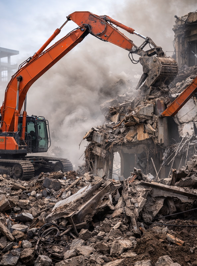 Excavator performing demolition on a job site